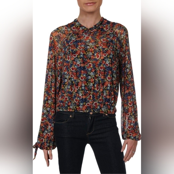 NWT Free People All Dolled Up Black Combo Floral Mesh Long Sleeve Crop Top - Picture 12 of 16